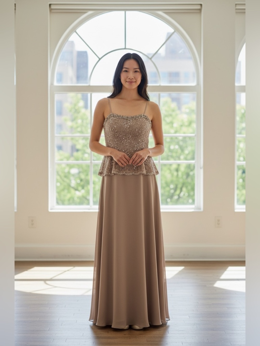 Cachet Strapless Lace & Chiffon Evening Gown – Gray Dawn Beaded Sequin Bodice